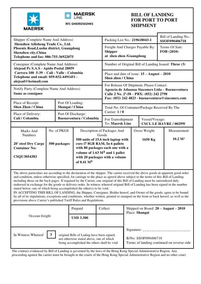 Bill of Lading (B/L) of shipping