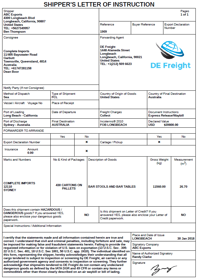 Dokumen Shipping Instruction for shipping