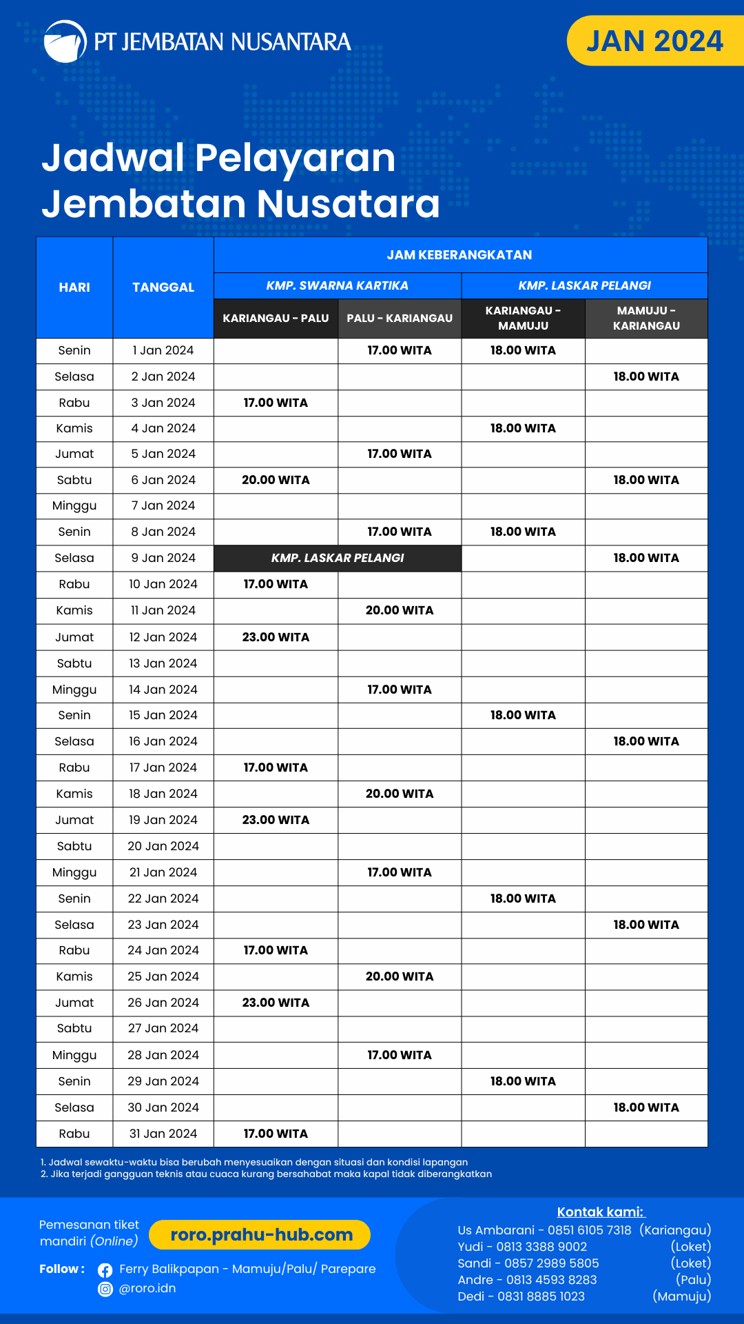 Jadwal KM Swarna Kartika dan KM Laskar Pelangi